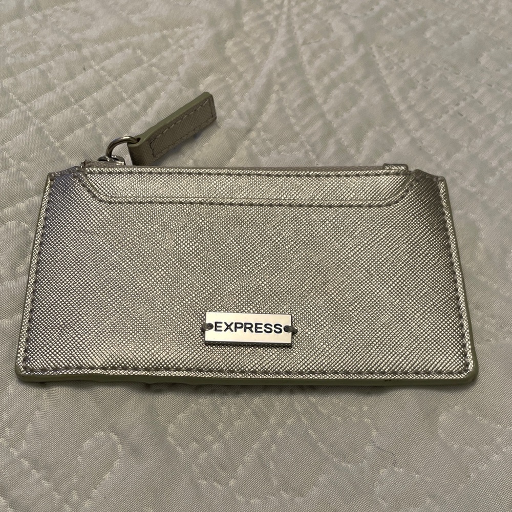 EXPRESS Card Wallet Silver Metallic ID Window Zip Area Slots & Slip Pockets